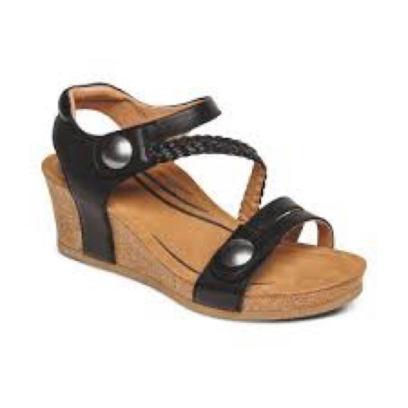 Aetrex Shoes - Aetrex Avril quarter strap wedge sandals black braided leather women's size 8.5